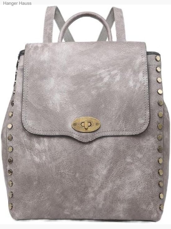 Medium Grey Vegan Leather Backpack with Twist Lock, Convertible Crossbody, 2